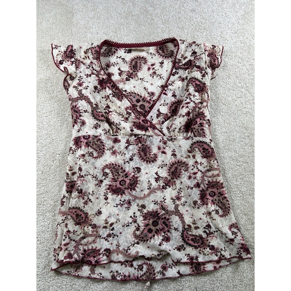 Fresh + Wear M Burgundy Floral Paisley Sheer Fairy Core Bloomcore Coquette Vneck